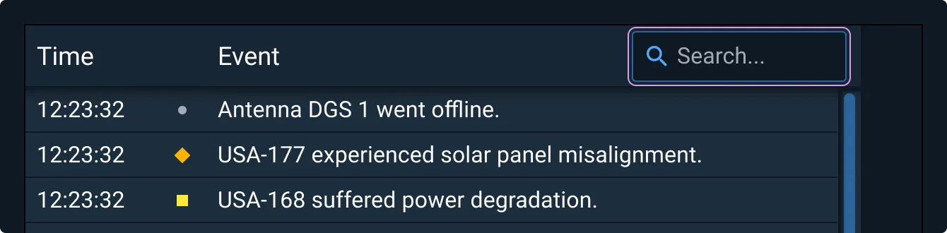 The Log includes a Table of timestamped events and a Search field to narrow the displayed events