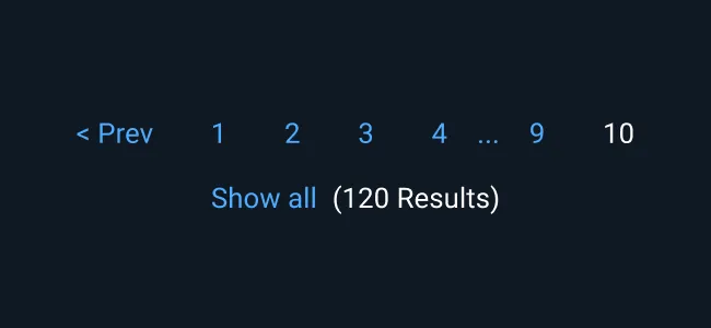 Optionally, links for “Show all” and “Number of results” may be displayed below page numbers. Links are centered below the Pagination on the same baseline.