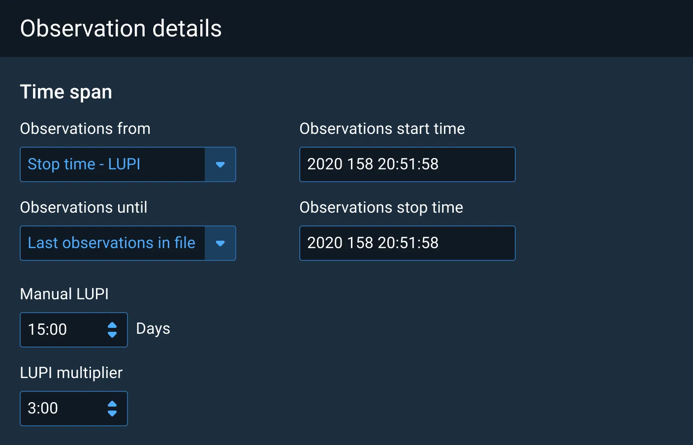 Two Column Layout. The Observations From field is associated with the Observations Start Time field