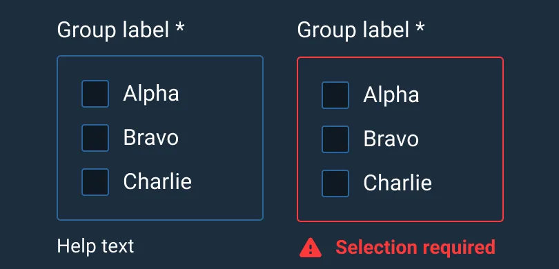 Checkboxes can be configured to require input, where at least one item in a group must be selected.